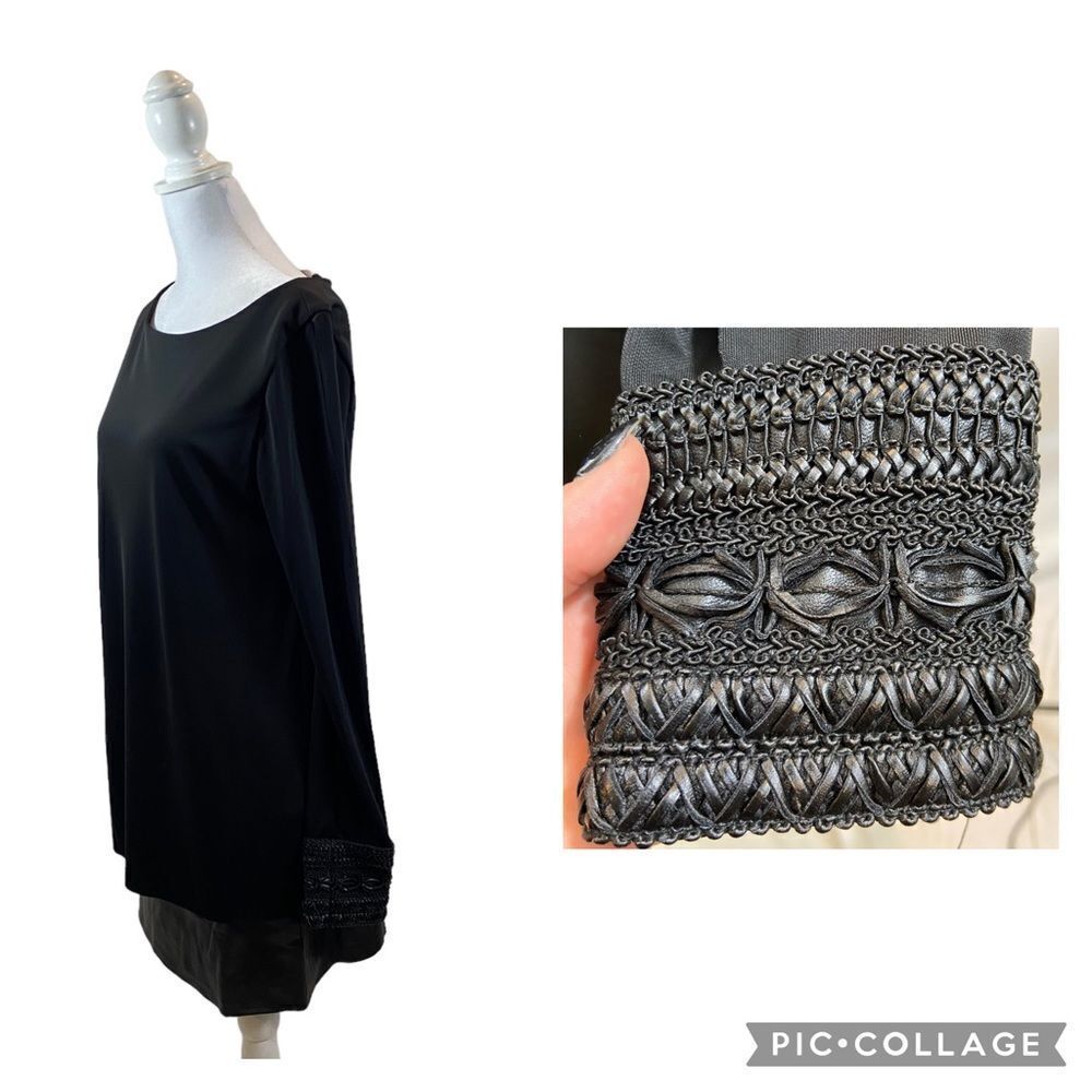 Bailey 44 Black Open Sleeve Faux Leather Skirt and Cuff Design Dress Size Medium